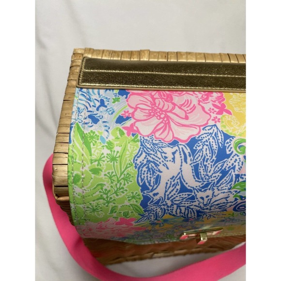 Wicker Wine Tote Lily Pulitzer Picnic Carrier Picnic Tote - Adjustable Strap EUC - Picture 5 of 16